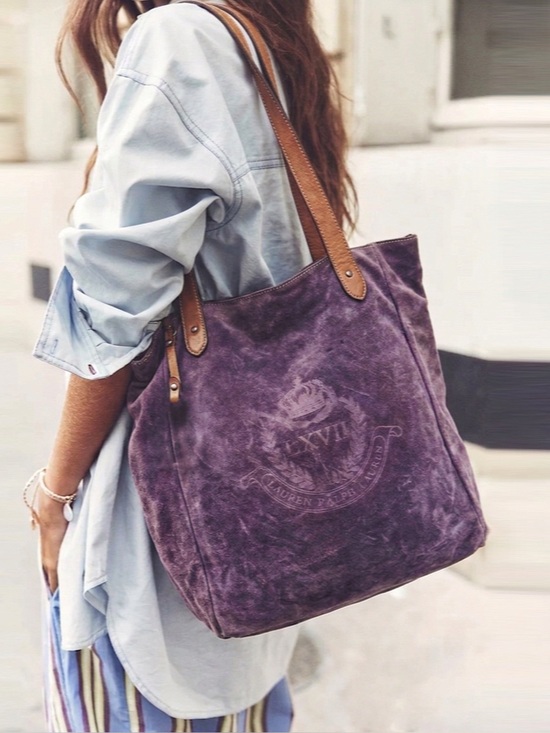 Lauren Ralph Lauren Handbags - Lauren Ralph Lauren Putnam Signature Violet Purple Suede Leather Tote Bag Crest